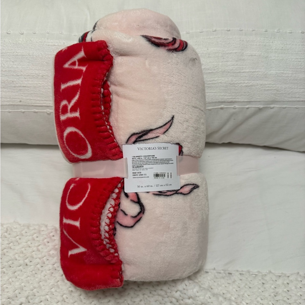 Victoria's Secret Pink and Red Bow with candy canes holiday Blanket - Picture 2 of 4